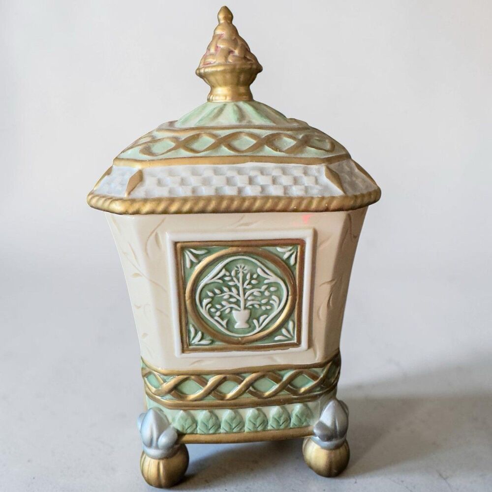Fitz & Floyd Trinket Box Urn Vase Irish Lidded Porcelain Gold Green Decor Candy